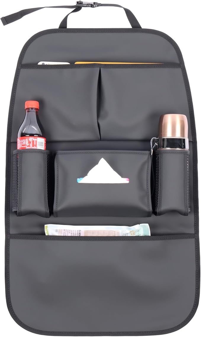 Car Backseat Organizer for Kids, Car Back Seat Storage Bag With 3 Pockets, 2 Drinks Holders, Water Resistant, Kids Toy Storage Kick Mat Back Seat Protector for Toddlers (Black 1-Pack)
