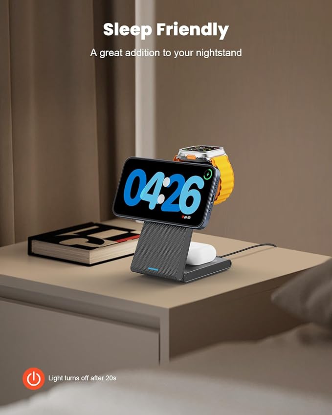 GEEKERA 3 in 1 Wireless Charging Station for Magsafe, Foldable Magnetic Wireless Charger Stand for Multiple Devices, Wireless Charger for iPhone 17 16-12 Series, Apple Watch 11-2, AirPods 4/3/2/Pro