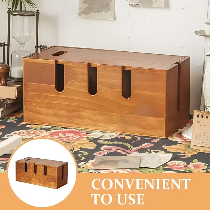 12 Inch Wood Cable Management Box Cord Organizer Box for Desk Cable Organizer Wooden for Power Strip Router USB Hub Cord Hider for Home Office