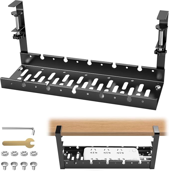 Under Desk Cable Management Tray, No Drill Clamp Mount, Metal Cord Organizer for Desk, Wire Management Rack for Home Office and Standing (Black)
