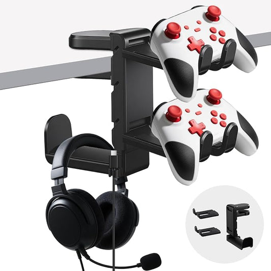 Premium Headset Stand & Gaming Headphone & Controller Holder - 360° Adjustable Under Desk Hook with Cable Management, Black - Perfect Desk & PC Accessories