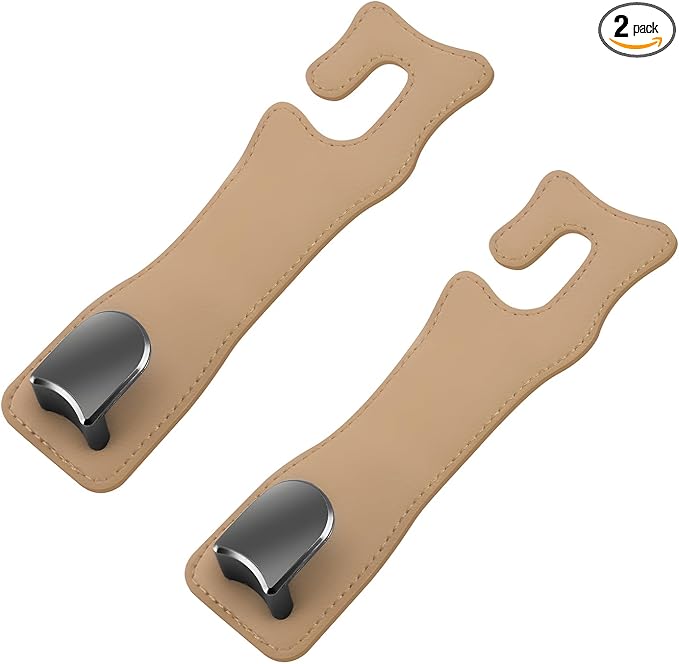 JNXIIJ 2 PCS Car Seat Headrest Hooks, Multifunctional Auto Purse Hanger Storage Organizer, Universal Vehicle Leather Seat Backrest Hooks for Hanging Umbrellas Handbags Clothes (Beige)