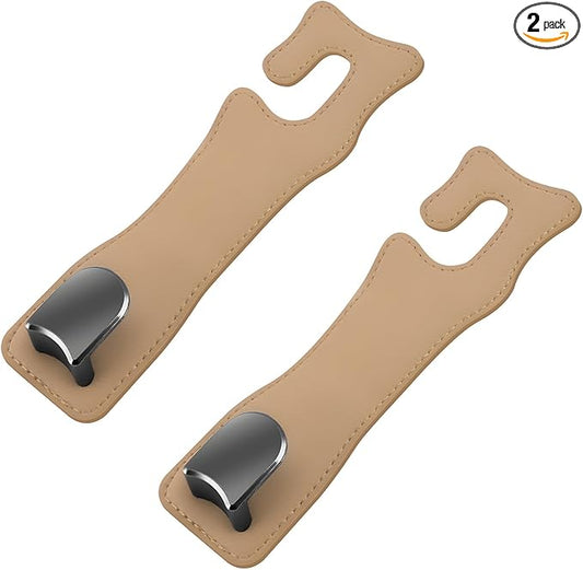 JNXIIJ 2 PCS Car Seat Headrest Hooks, Multifunctional Auto Purse Hanger Storage Organizer, Universal Vehicle Leather Seat Backrest Hooks for Hanging Umbrellas Handbags Clothes (Beige)
