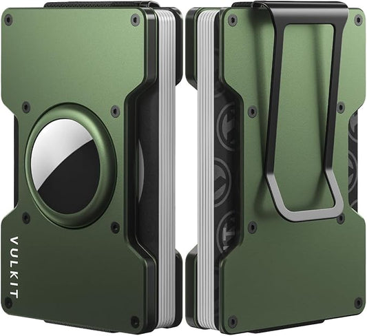 VULKIT Men's Metal Wallet with Money Clip, Slim Credit Card Holder with Airtag Holder, Minimalist Front Pocket Wallet for Men(Green)