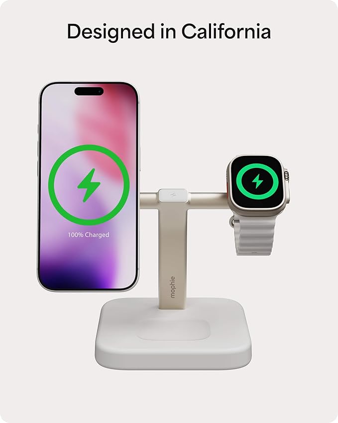 Mophie 3-in-1 Wireless Charging Stand - Qi2-Certified, MagSafe Charger for iPhone, Apple Watch & AirPods – Fast Charging Station with Adjustable Phone Stand & Cable Management – Up to 15W Power, White