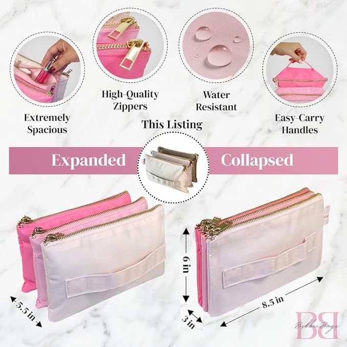 BOBBIE Accordion Travel Makeup Bag, Large Capacity Cosmetic Bags for Women, Durable & Compact Make up Organizer, Lightweight & Portable Zipper Pouch, Water-Resistant Toiletry Bag with 3 Compartments