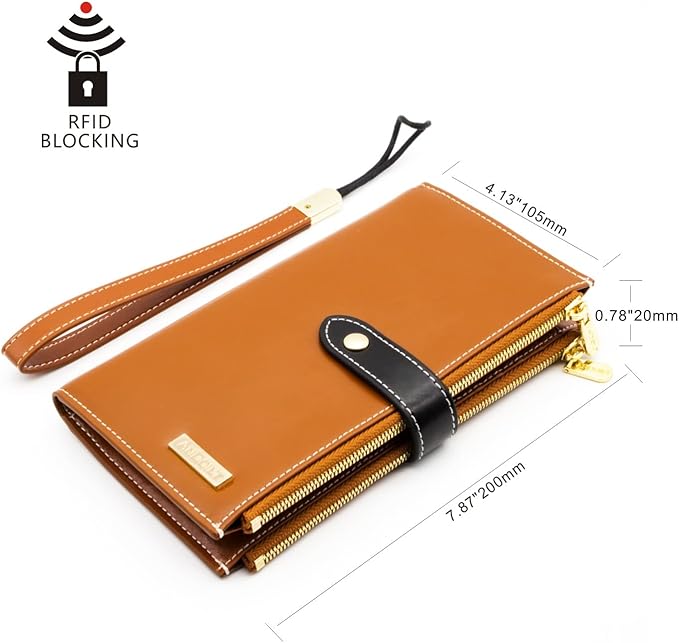ANDOILT Women's Genuine Leather Wallet RFID Blocking Credit Card Holder Zipper Purse Cell Phone Handbag