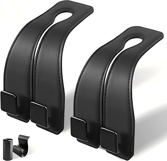Vidonio Upgrade Leather Seat Back Double Hooks & Mobile Phone Holder - Car Organizer Purse Hook, Universal Hidden Multifunctional (Black, 2pcs)