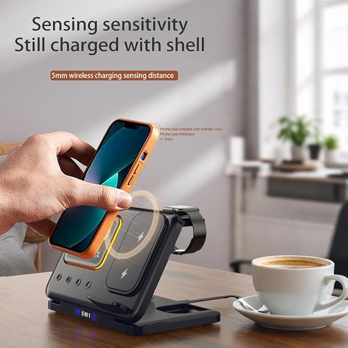 IHAO 5in1 Multi Functional Wireless Charging Station Digital Clock 15W Fast Charging Temperature Display Wireless Charger for All Qi Phone and TWS Headphone Compliant with Apple Watch-DH15 White