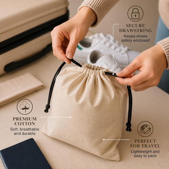 3 Pack Shoe Bags for Travel, Drawstring Portable Shoe Bags for Storage, Travel Essential Cotton Footwear Laundry Bag For Men & Women, Dustproof Reusable Organizer Bags for Sneakers: 26"x20"