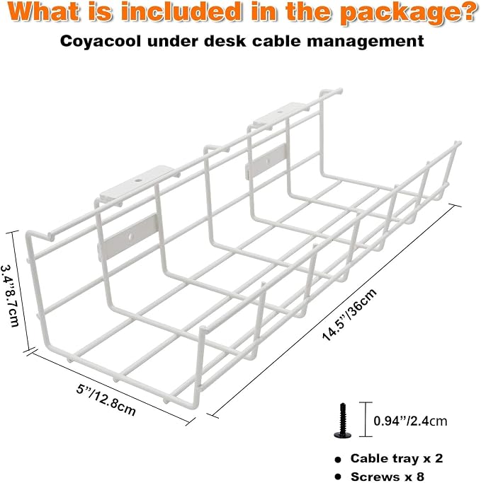 Under Desk Cable Management- 1 Pack Cord Organizer. Metal Wire Cable Management Tray for Office, Studio and Home. Super Sturdy Under Table Cable Management - White Cable Organizer