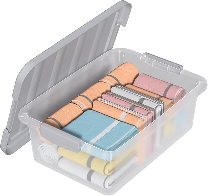 Clear Storage Bin with Lid, Plastic Stackable Container Organizer, Medium-14 Quart, Grey, 2 Pack