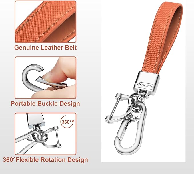 QBUC Genuine Leather Car Keychain,Universal Heavy Duty Metal Key Chain Accessories,Car Fob Key Keychain Holder with 360 Degree Rotatable Snap Swivel and Anti-Lost D-Ring for Men Women(Orange)
