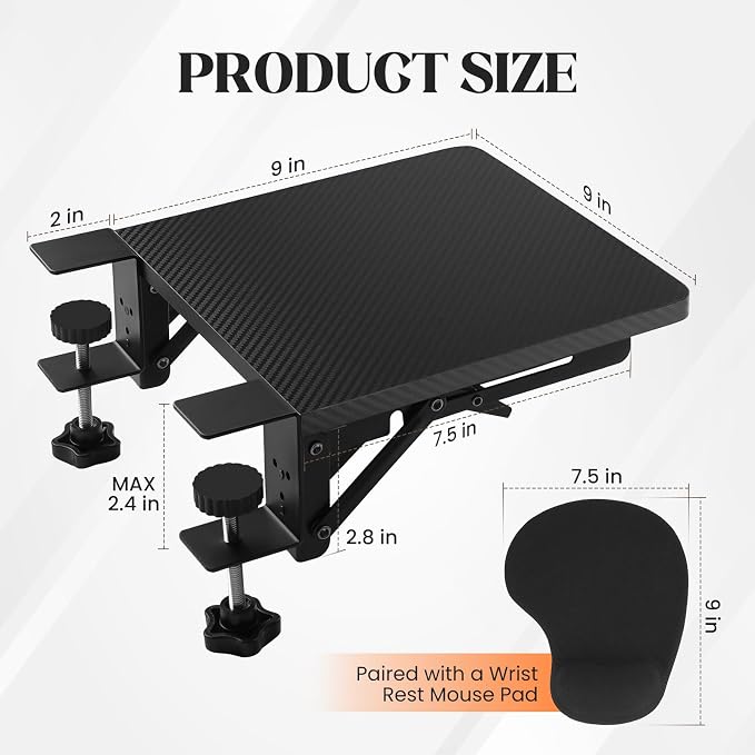 Ergonomics Foldable Desk Extender Tray with a Mouse Pad, 9"x9" Elbow Arm Rest with Clamp On Desktop Mount, 90° Foldable Armrest Support for Home and Office Use, Black