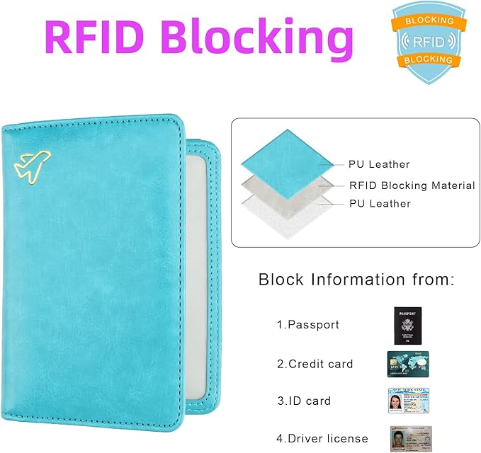 WALNEW AirTag Passport Holder, PU Leather Airtag Wallet RFID Blocking Passport Cover Travel Essentials Case for Women Men (Light Blue)