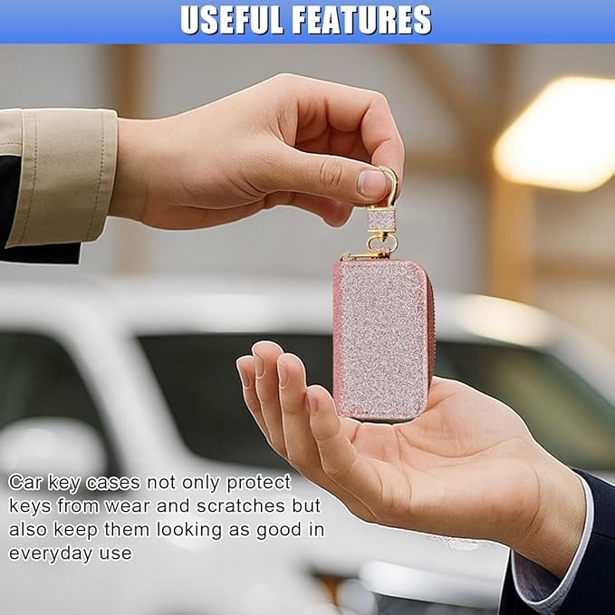 Bling Car Key Case, Leather Keyring Zipper Bag with Metal Hook, Remote Key Fob Cover, Auto Keychain Holder (Rose Gold)