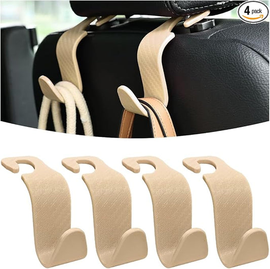 Osilly Car Seat Headrest Hook, 4 Pack Auto Seat Hanger Storage Organizer for Purse Handbag Coats Grocery Bags, Car Interior Accessories, Universal Vehicle Backseat Plastic Hanging Hook (Beige)