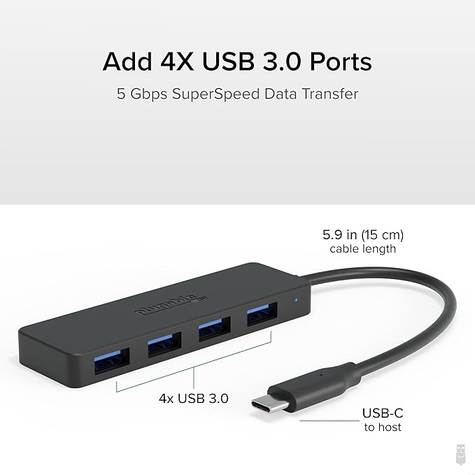 Plugable USB C to USB Adapter Hub, 4 Port USB 3.0 Hub, USB Splitter for Laptop, Compatible with Windows, MacBook Pro/Air, iPad Pro, Surface Pro, Chromebook, Linux, Android, Charging Not Supported
