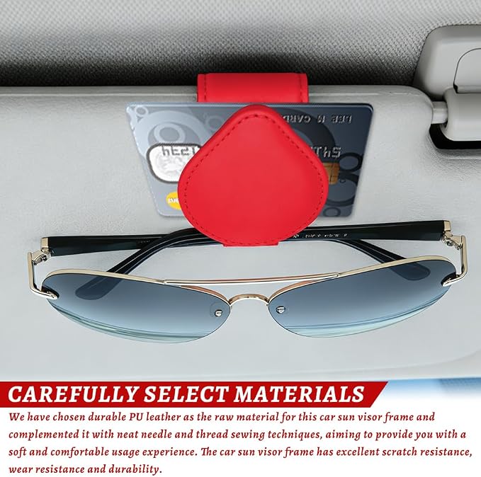 Sunglasses Holders for Car Visor, PU Leather Car Organizer, Magnetic Glasses Holder and Ticket Card Clip, Multi-Functional Auto Sun Visor Eyeglass Holder for Most Vehicles (Red)
