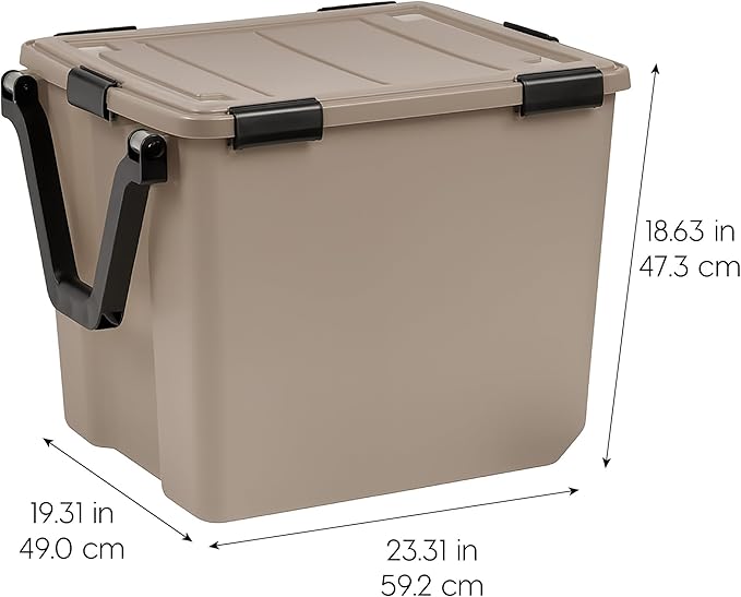 IRIS USA 3-Pack WeatherPro Gasket Box, 106 Quart Weather Resistant Storage Bins with Latching Lids, Heavy Duty Organizing Containers for Closet, Bathroom, and Office - Tan