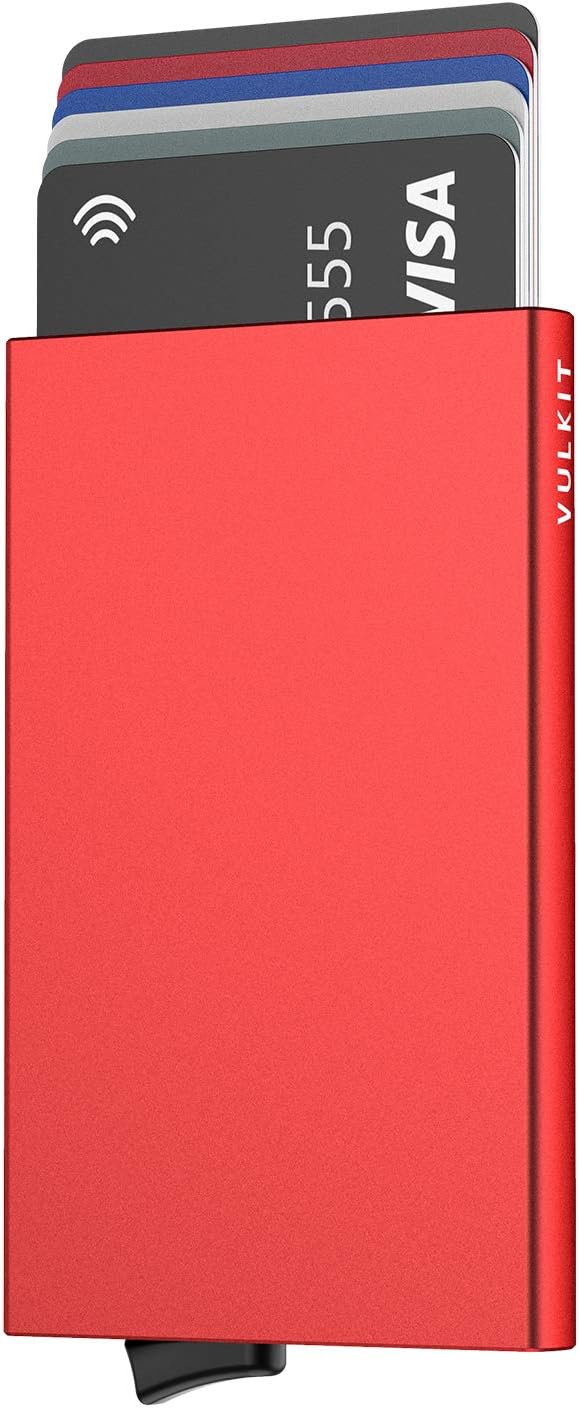 VULKIT Pop Up Wallet, Slim Minimalist Credit Card Holder For Men and Women RFID Blocking Mini Metal Case Red