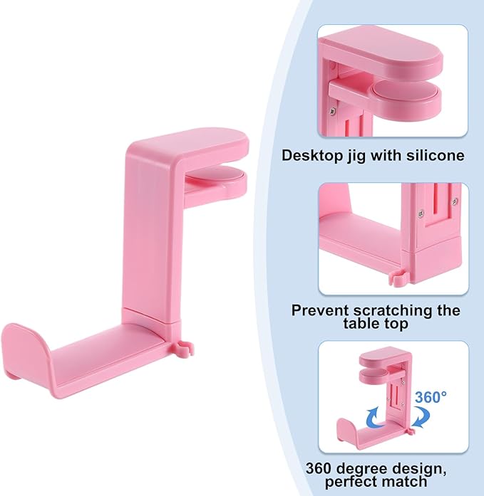 HARFINGTON Headphone Stand Holder 360 Degree Adjustable Clamp Desk Hook Clamp 0.39"-1.65" Clamping Range PC Gaming Headset Stand for Headphone Earphone, Pink
