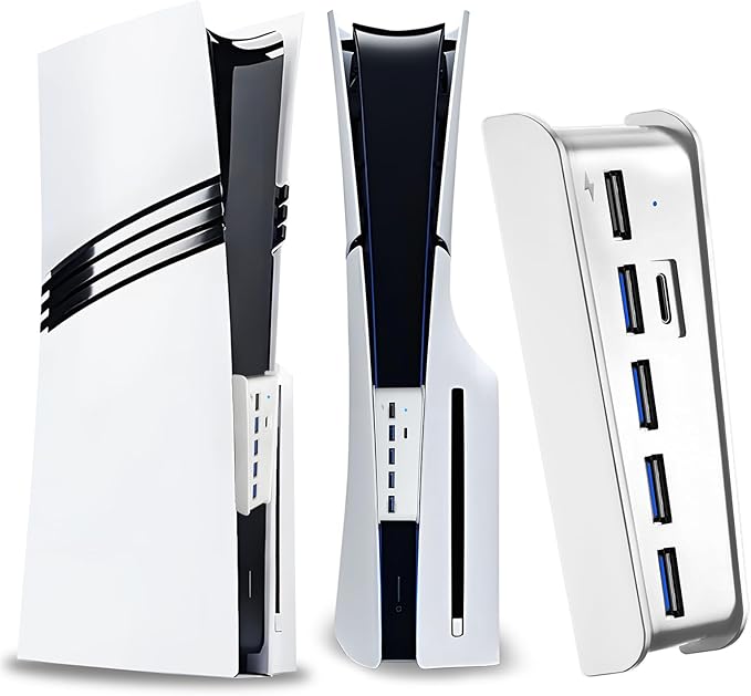 6 Port USB Hub for PS5 Pro & PS5 Slim Console Disc/Digital, High-Speed Extra USB Ports for PS5 Slim Pro Accessories, PS5 Hub Charger Splitter Adapter with 4 USB 2.0 + 1 USB Charging Port +1 Type C 3.0
