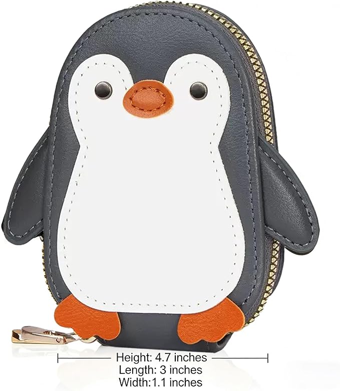 NovelCute Cartoon Penguin-shaped Coin Purse PU Leather Accordion Card Holder Large Capacity Zippered Money and Card Organizer Portable Mini Coin Purse Key Pouch(grey)