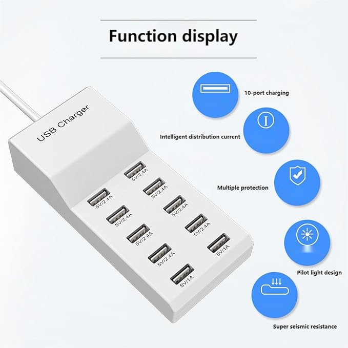 USB 10 Port Desktop Portable Charging Station, Suitable for Charging Multiple Devices simultaneously, Super Compatible with Mobile Phones, Tablets, Bluetooth Earphones, and Other USB Charging Devices