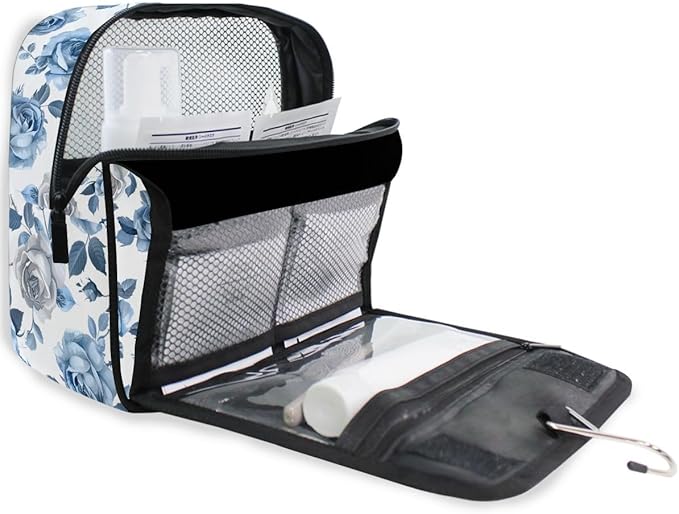 senya Hanging Travel Toiletry Bag Cute Kit Makeup Case Cosmetics Organizer for Men Women (Roses Blue White Pedals)