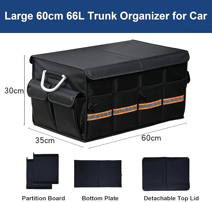 Collapsible Car Trunk Organizer with Reflective Strips, Durable 1680D Oxford Fabric, Large Capacity Storage Bin with Aluminum Handles, Anti-Slip Bottom – 60x35x30cm (23.4x13.8x11.8 inches)