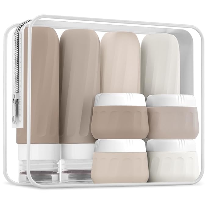 Mrsdry Travel Bottles for Toiletries 8 Pack, Travel Size Toiletries, Tsa Approved Travel Size Containers 3oz, with Travel Essentials Clear Bag, Leak Proof Silicone Squeezable Creams Jars