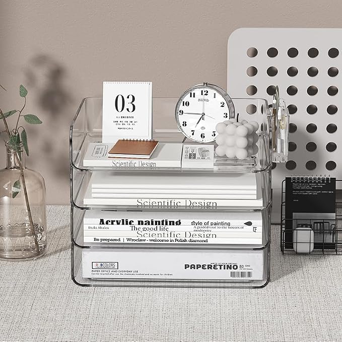 FANXIYQ 4-Tier Horizontal Acrylic Paper Tray Organizer with Pen Holder | Clear Stackable Desk Organizer for Documents, Letters, A4 Paper | Modern Office/Classroom/Home Organization