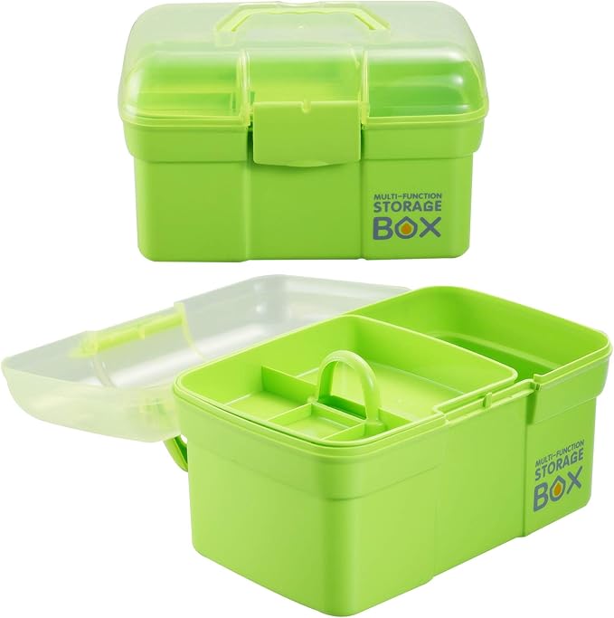 Kinsorcai 11'' Plastic Storage Box with Removable Tray, Multipurpose Organizer and Storage Case for Art Craft and Cosmetic (Green)