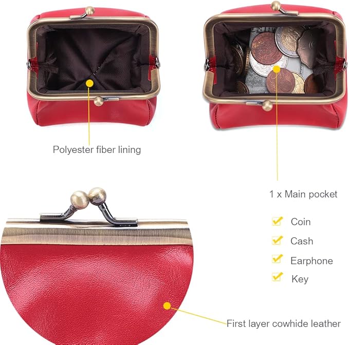 Genuine Leather Mini Vintage Coin Purse Kiss Lock change purse Cute Coin Purse Coin Organizer (Red)