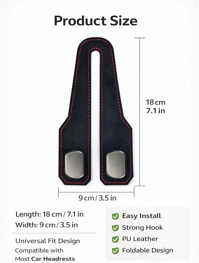 Car Headrest Hook 2 Pack, Premium Leather Car Purse Hooks, Heavy Duty Seat Back Organizer for Handbags, Groceries & Bags, No Scratch, Easy Install Car Accessories (2, Grey)