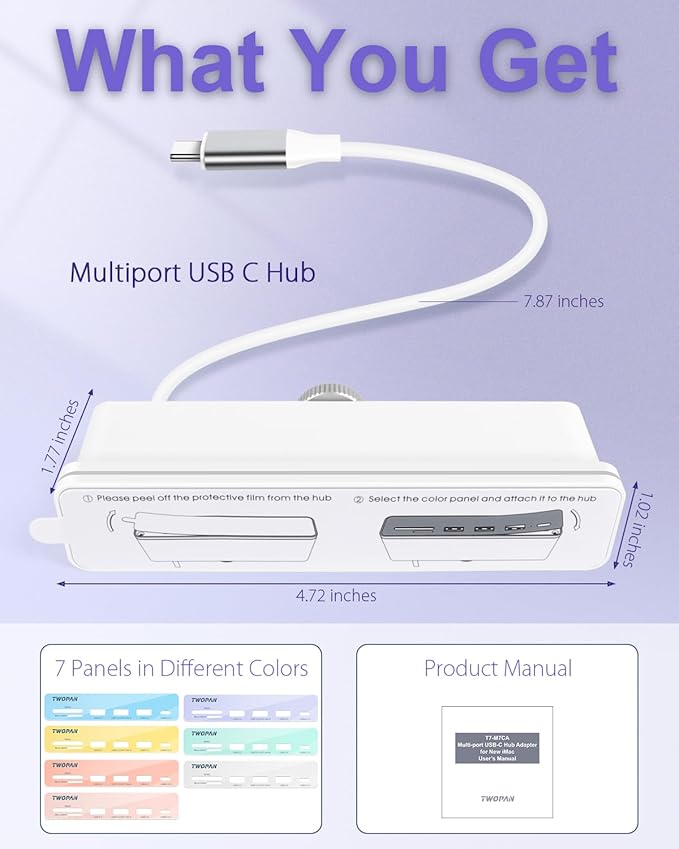 USB C Hub Multiport Adapter for iMac M4/M3/M1, 7-in-1 iMac 2024/2023 Docking Station - 4K HDMI, USB 3.2 Ports, SD/Micro SD Card Reader, 7 Color Panels