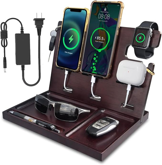 Wood Phone Docking Station with 4 USB PD & QC3.0 Fast Charger,Nightstand Organizer for Men, Dual Phone Charging Station for iPhone Samsung Google Android Anniversary Birthday Gifts for Men Him