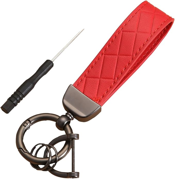 Leather Car Keychain - 360 Degree Snap Swivel Key Ring - Key Tag Car Key Fob Keychain Holder with Anti-Lost D-Ring - Key Organizer for Men Women (Red)
