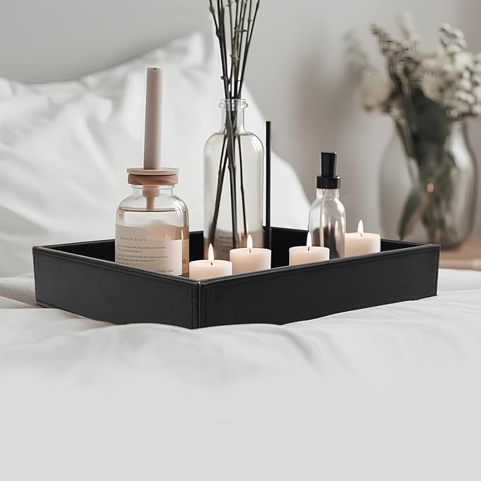 Leather Valet Organizer for Men – Black Catchall for Wallet, Keys, EDC, Jewelry, and Perfume – Nightstand, Dresser, and Bathroom Vanity Storage