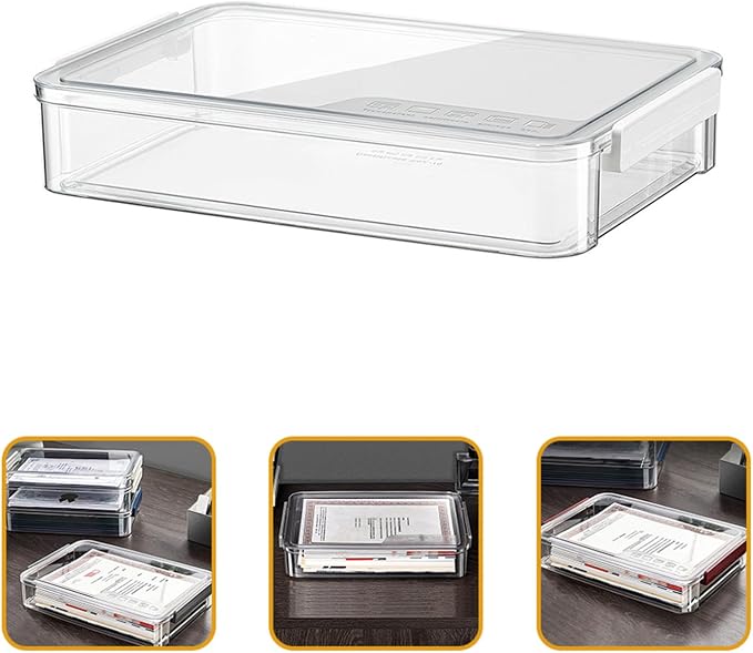 Transparent Document Paper Organizer Box Stackable File Storage Holder with Snap-tight Buckle Pet Plastic Desktop File Cabinet for Office Home School Use