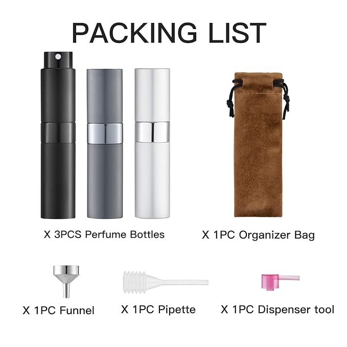 LISAPACK 8ML Atomizer Perfume Spray Bottle for Travel (3 PCS) Empty Cologne Dispenser, Portable Sprayer (Black, Silver, Grey)