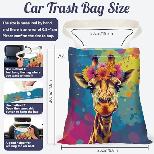 Giraffe Flowers Wreath Car Trash Bag Hanging Garbage Bag with Snap Buttons Car Back Seat Trash Storage Portable Dustbin Vehicle Trash Can Bag for Vehicle Accessories Travel Camping