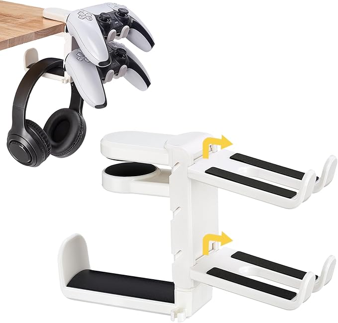 3-in-1 Under Desk Headphone Hanger with Adjustable Clamp Mount, 2 Controller Slots & 1 Headset Universal Holder Stand, Rotatable Hook Rack & Cable Organizer, for Home Gaming Xbox ps5 - White