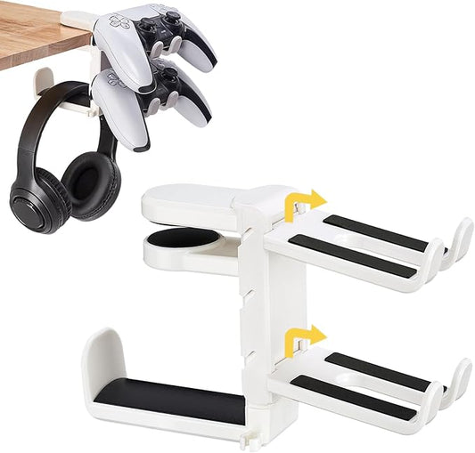 3-in-1 Under Desk Headphone Hanger with Adjustable Clamp Mount, 2 Controller Slots & 1 Headset Universal Holder Stand, Rotatable Hook Rack & Cable Organizer, for Home Gaming Xbox ps5 - White