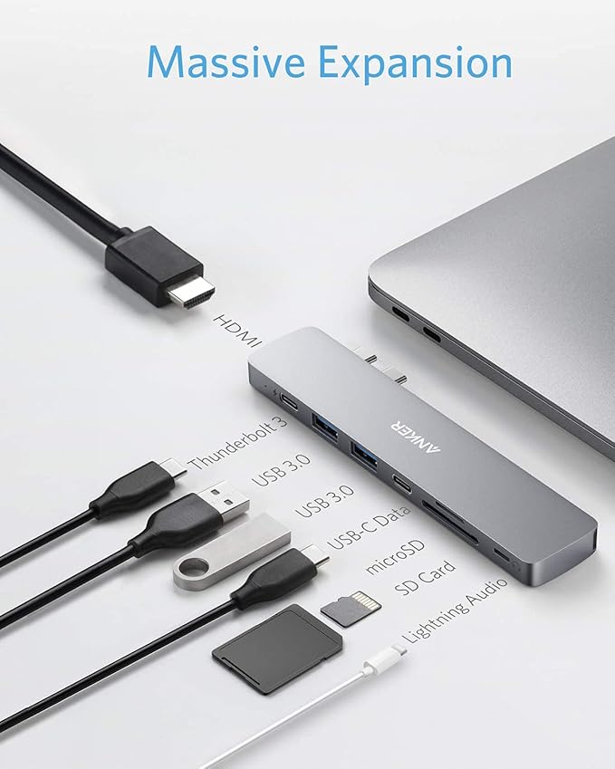 Anker USB-C Hub for MacBook, 8-in-2 Adapter Compatible with Thunderbolt 3 USB-C Port, 4K HDMI, USB-A&C 3.0 Data Ports, SD Card, Lightning Audio