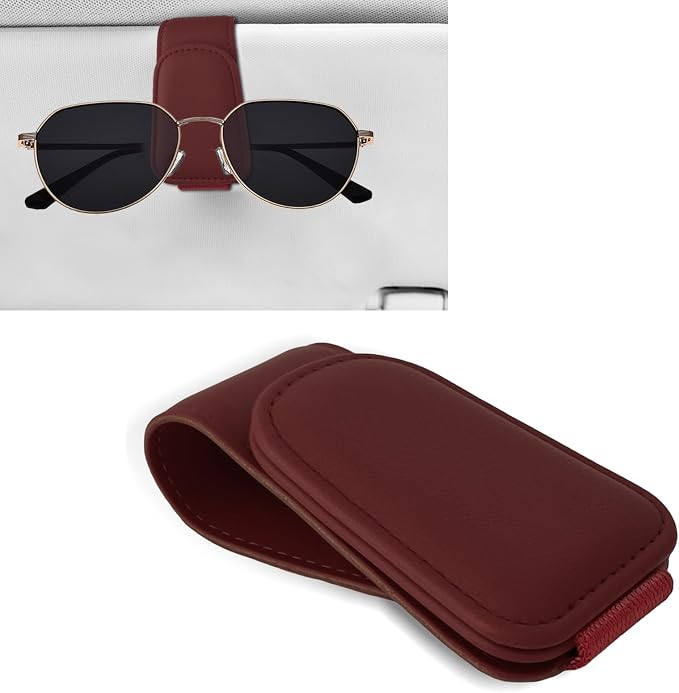 Sunglass Holder for Car, Car Sunglass Holder, Magnetic Leather Sunglasses Holder and Ticket Card Clip, Auto Multi-Functional Sun Visor Eyeglass Holders for SUV Pickup Truck (Wine Red)