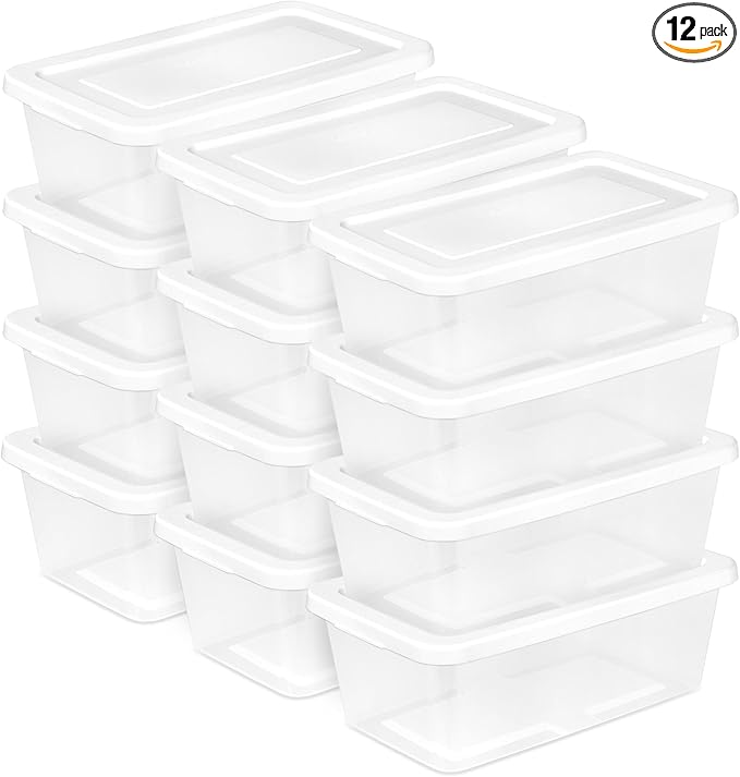 Sterilite 12-Pack 6 Quart Storage Boxes, Stackable Clear Plastic Bins with Snap-On Lids – Heavy-Duty Organizing Containers for Closet, Bathroom, and Office