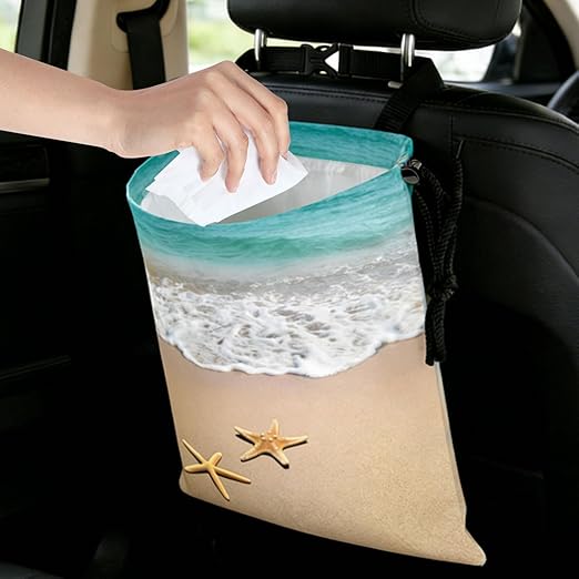 Beaches and Starfish Car Trash Bag - Waterproof Car Trash Bag Hanging Leakproof Car Garbage Bag - Washable Reusable Trash Bag For Car Interior Hanging Organizer Storage Vehicle Travelling Camping