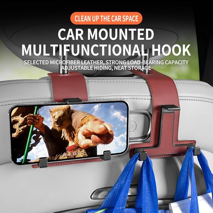 Car Hooks for Headrest, Multifunctional Luxurious Leather and Magnesium Alloy Car Seat Back Hook & Mobile Phone Holder, Double Headrest Hanger Storage Hook for Purses, Handbags (Red)